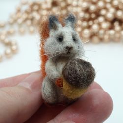 Miniature needle felted squirrel, gray squirrel with acorn