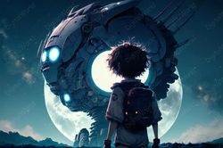 Art illustration. Boy in search of the Unknown . Moon. Jpg Image