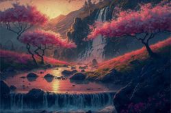 Wonderful Places. Natural Wonders. Background. River. Sunset. Sakura