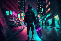 Art Illustration. Boy with Skate in Night City. Neon