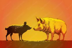 Illustration. Animals in a Meeting. Boar and Pig