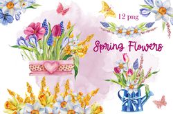 12 Files Of Watercolor Spring Flowers Bouquet PNG Digital Files
