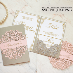 Wedding lace invitation SVG template, elegant 5x7 pocket envelope for Cricut, Laser Cut, papercut svg dxf ai cdr