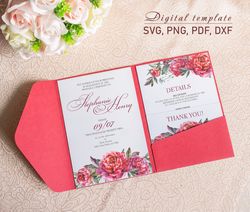 Wedding classic Trifold invitation svg,5x7 simple envelope template, laser cutting (svg,dxf,pdf), Silhouette  Cricut