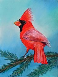 Red Cardinal Painting Bird on branch Birds pastel painting Pastel bird art Bird wall art Bird Illustration Original Bird