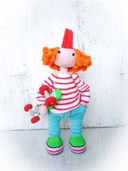 Waldorf doll crocheted. Red haired doll. Crocheted doll boy and skateboard. Distinctive doll. Home decor knitting doll.