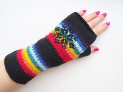 Wool fingerless gloves hand knitted Norwegian gloves women's black rainbow fingerless mittens Christmas gift for Her