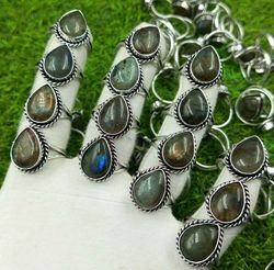 100Pcs Labradorite Gemstone Silver Plated Rings, Wholesale Lot Rings Jewelry, Handmade Labradorite Rings Lot For Women