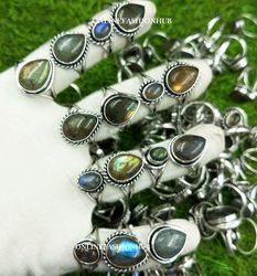 25 Pcs Labradorite Gemstone Silver Plated Design Ring, Wholesale  Ring Jewelry, Handmade Labradorite Rings Lot For Gift