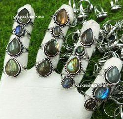 10 Pcs Labradorite Gemstone Silver Plated Design Ring, Wholesale  Ring Jewelry, Handmade Labradorite Rings Lot For Gift