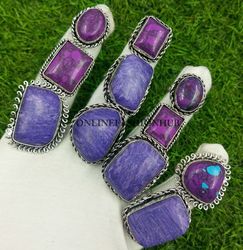 10 Pcs Purple Turquoise Gemstone Silver Plated Design Ring, Wholesale Ring Jewelry, Handmade Rings Lot For Gift