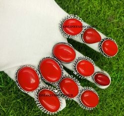 10 Pcs Red Coral Gemstone Silver Plated Design Ring, Wholesale Ring Jewelry, Handmade Trendy Rings Lot For Gift