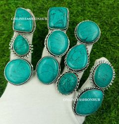 10 Pcs Turquoise Gemstone Silver Plated Designer Rings, Wholesale Ring For HER, Handmade Trendy Rings Lot For Gift