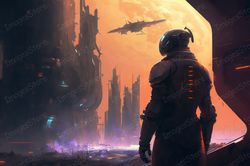 Art Illustration, Space City of the Future, A man in an Astronaut Costume Looks Ahea, Jpg Image