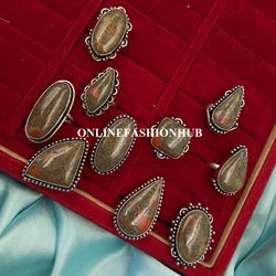 10 Pcs Unakite Jasper Gemstone Silver Plated Designer Ring, Wholesale Ring For Gift, Handmade Rings Lot For Occasion