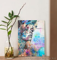Modernist portrait of a girl, grunge, graffiti, white blue print, painting,wall decor, wall art, Printable Journaling Sc