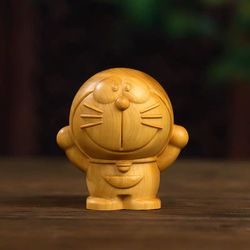 Cliff cypress wood carving Dingdang cat robot cat Doraemon A dream solid wood carving handle small ornaments