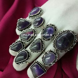 10 Pcs Natural Amethyst Gemstone Silver Plated Designer Ring, Wholesale Ring For Gift, Handmade Rings Lot For Occasion
