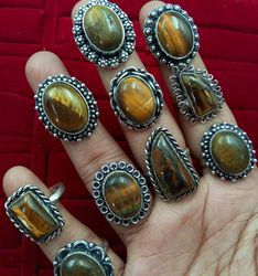 10 Pcs Calming Tiger Eye Gemstone Silver Plated Fancy Ring, Wholesale Ring For Good Luck, Handmade Rings Lot For Unisex