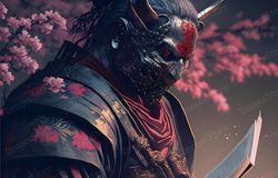 Artistic illustration,Samurai With a Book Wearing an Oni Demon Mask.Surrounded by Nature, Jpg Image