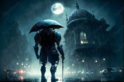 Steampunk Art, Robot in the Night City, Rain, Moon, Jpg Image