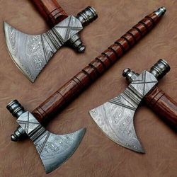 HS CUSTOM HAND MADE FORGED DAMASCUS STEEL VIKING AXE PIPE TOMAHAWK & LEATHER