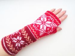 Nordic Fair Isle Finger-less Gloves Hand Knitted Women Finger-less Mittens Scandinavian Snowflake Christmas Gift for Her