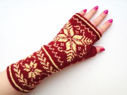 Wool finger-less gloves hand knitted women's finger-less mittens Scandinavian stars winter gloves Christmas gift for Her