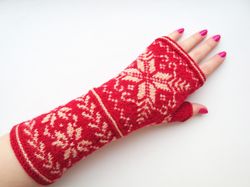 Wool Finger-less Gloves Hand Knit Fair Isle Finger-less Mittens Women Norwegian Snowflake Gloves Christmas Gift for Her