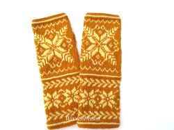 Hand Knitted Finger-less Gloves Merino Wool Finger-less Mittens Women Norwegian Gloves with Stars Christmas Gift for Her