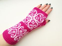 Norwegian Finger-less Gloves Women Hand Knitted Fingerless Mittens Merino Wool Gloves with Hearts Christmas Gift for Her