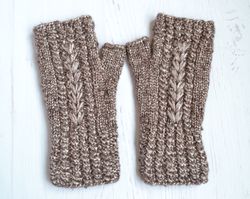 Fingerless gloves for woman, Sparkle mocha brown fingerless mittens, knit hand warmers