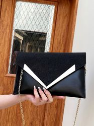 Womans Metal Detail Flap Chain Glitter Envelope Bag