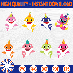 6 Family Sharks Birthday Character with Pink Fong SVG,Png,Shark's friends svg, Pink Fong svg, Family shark svg, dxf, eps