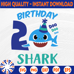 shark 2nd birthday svg, boy birthday shark svg dxf eps, boy second birthday clipart, two year old, baby, shark