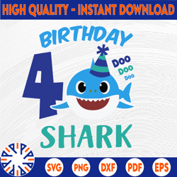 shark 4th birthday svg, boy birthday shark svg dxf eps, boy fourth birthday clipart, four year old, baby, shark
