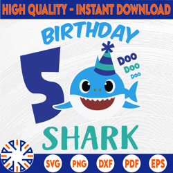 shark 5th birthday svg, boy birthday shark svg dxf eps, boy fifth birthday clipart, five year old, baby, shark