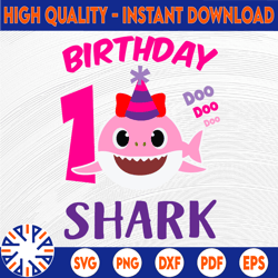 shark 1st birthday svg, girl birthday shark svg dxf eps, girl first birthday clipart, one year old, baby, shark,1st