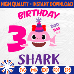 shark 3rd birthday svg, girl birthday shark svg dxf eps, girl third birthday clipart,three year old,baby, shark