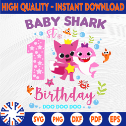 shark 1st birthday svg, girl birthday shark svg dxf eps, girl first birthday clipart, one year old, baby, shark