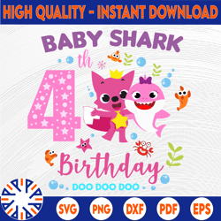 Shark 4th Birthday Svg, Girl Birthday Shark Svg Dxf Eps, Girl fourth Birthday Clipart,Four Year Old,Baby, Shark,4th