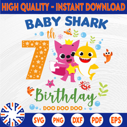 shark 7th birthday svg, boy birthday shark svg dxf eps, boy seventh birthday clipart, seven year old, baby, shark, 7th
