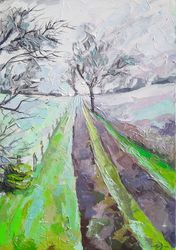 Original Winter Spring Landscape Painting Wall Art English Countryside Painting Green Path Impasto Canvas Painting