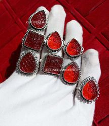 10 PCs Red Carving Glass Silver Plated Designer Rings, Wholesale Rings,6 To 9 US SZ Handmade Trendy Rings Lot With Love