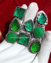 10 PCs Green Carving Glass Silver Plated Designer Rings, Wholesale Ring 6 To 9 US SZ Handmade Trendy Rings Lot With Love