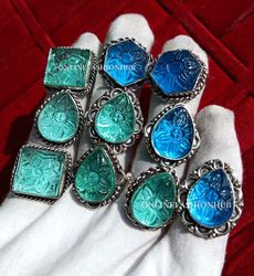 10 PCs Blue Carving Glass Silver Plated Designer Rings, Wholesale Ring,6 To 9 US SZ Handmade Trendy Rings Lot With Love