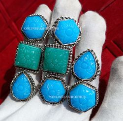 10 PCs Blue Carving Glass Silver Plated Designer Rings, Wholesale Rings, Handmade Trendy Rings Lot With Love