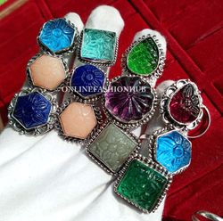 10 PCs Multi Carving Glass Silver Plated Designer Rings, Wholesale Rings, Handmade Trendy Rings Lot With Love