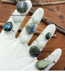 10 PCs Moonstone & Labradorite Gemstone Silver Plated Bezel Rings, Wholesale Rings, Brass Plated Rings Handmade Rings