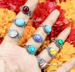 10 PCs Malachite & Mix Gemstone Silver Plated Casting Rings, Wholesale Rings, Brass Plated Rings Handmade Casting Rings
